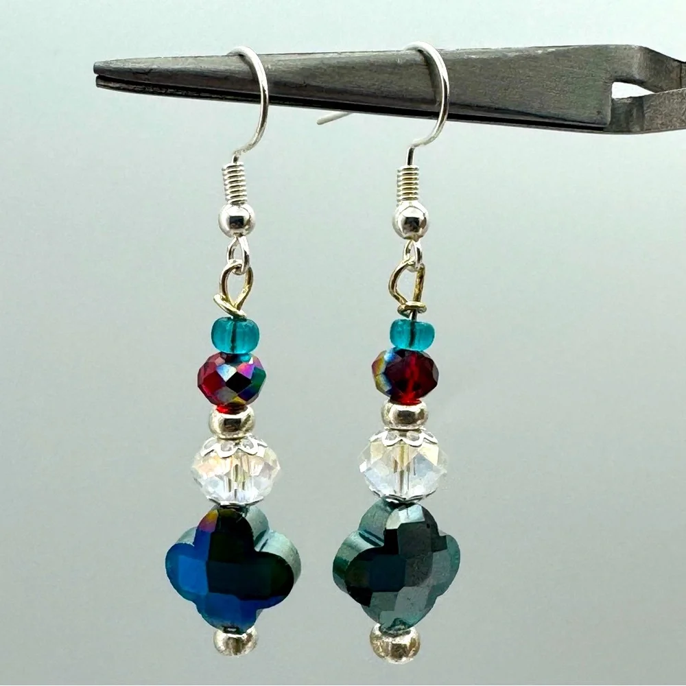 Artisan Made Multicolor Crystal Clover Dangle Earrings and Silver Plated Hooks